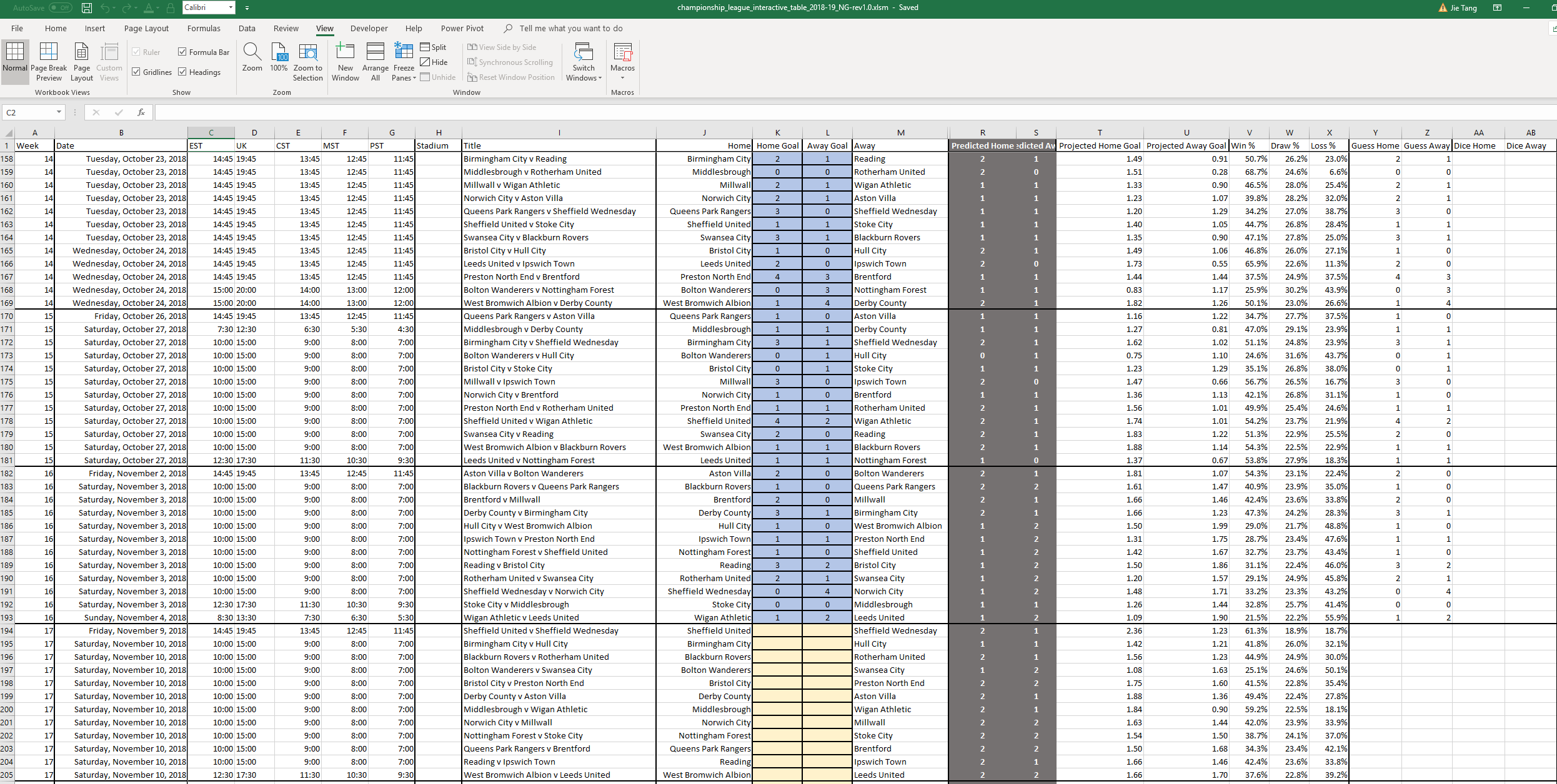 Interactive 2018/19 EFL Championship League Table in Excel